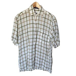 Alan Flusser Mens Linen Plaid Button Up Shirt Size S White Green Casual Resort